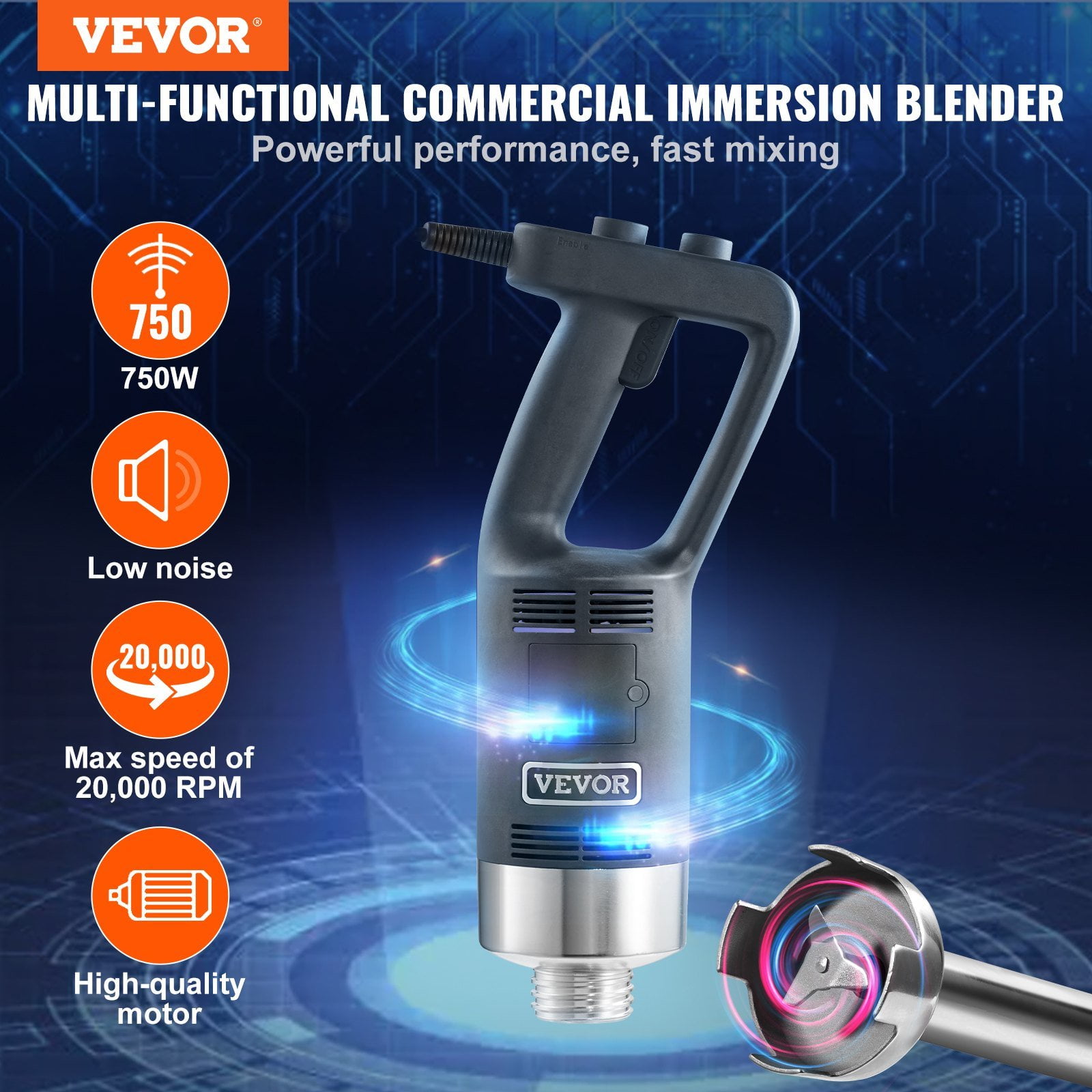 750W Commercial Immersion Blender, 16" Heavy Duty Hand Mixer with 304 Stainless Steel Blade, Variable Speed Stick Blender for Soup, Smoothie, Puree, Baby Food, Kitchen & Restaurant Use