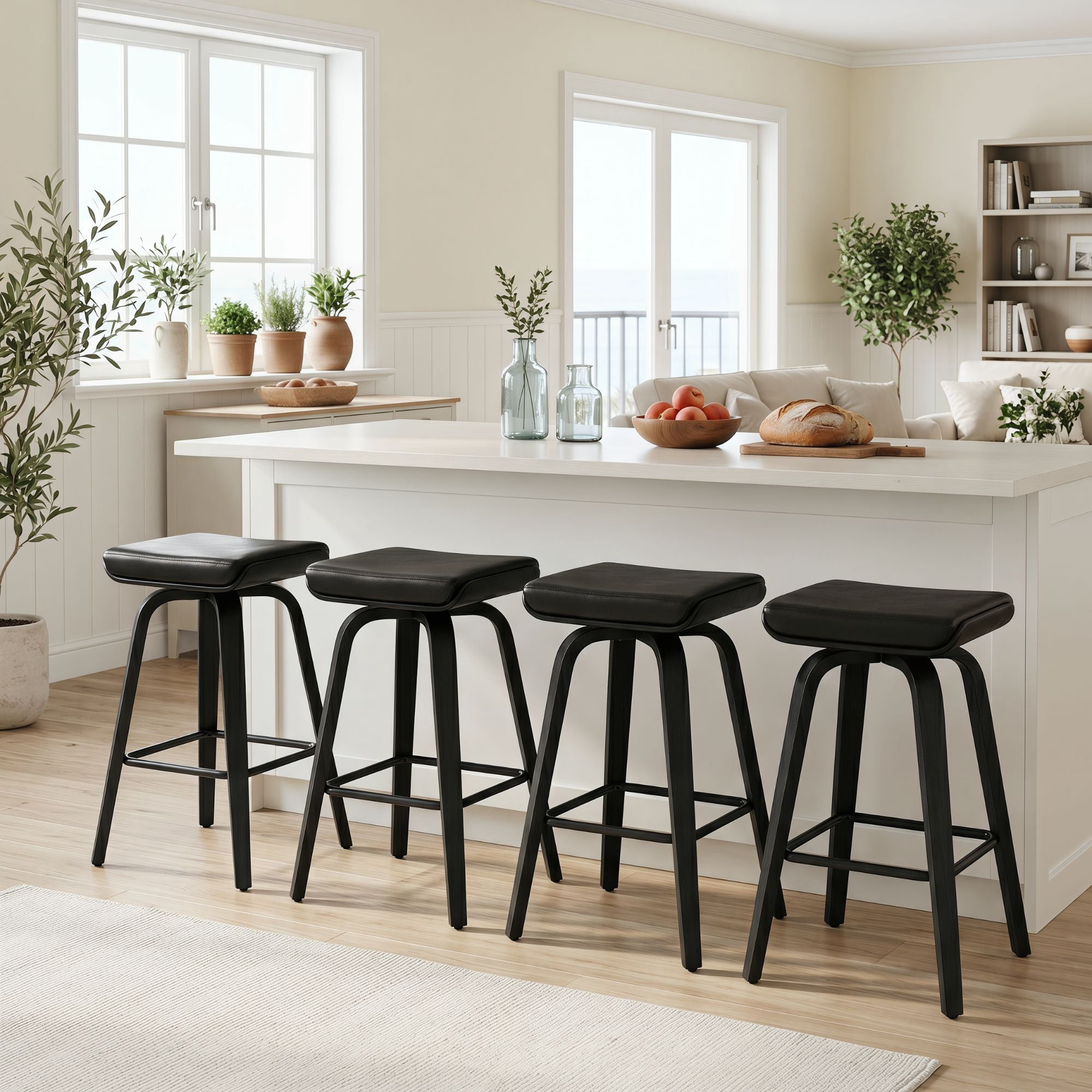 Guyou 26” Swivel Counter Height Bar Stools Without backrest, Upholstered Farmhouse Bar Stools with Footrest for Kitchen Island, Black-PU Leather(Set of 4)