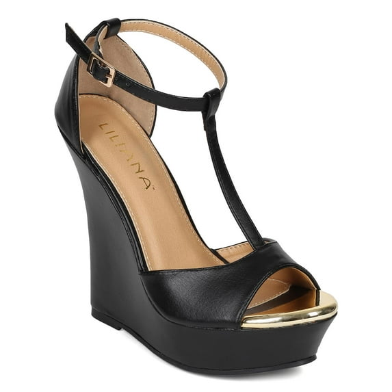 New Women Liliana Honfleur-69 Leatherette Peep Toe T-Strap Wedge Sandal
