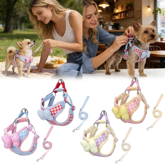 Novamily Dog Harness for Small Sized Dogs, Puppy Cat Harness with Leash Set No Pull Dog Harness Adjustable Reflective Step-in Pet Vest Harnesses with Cute Bow Soft Padded Outdoor Walking (Blue)