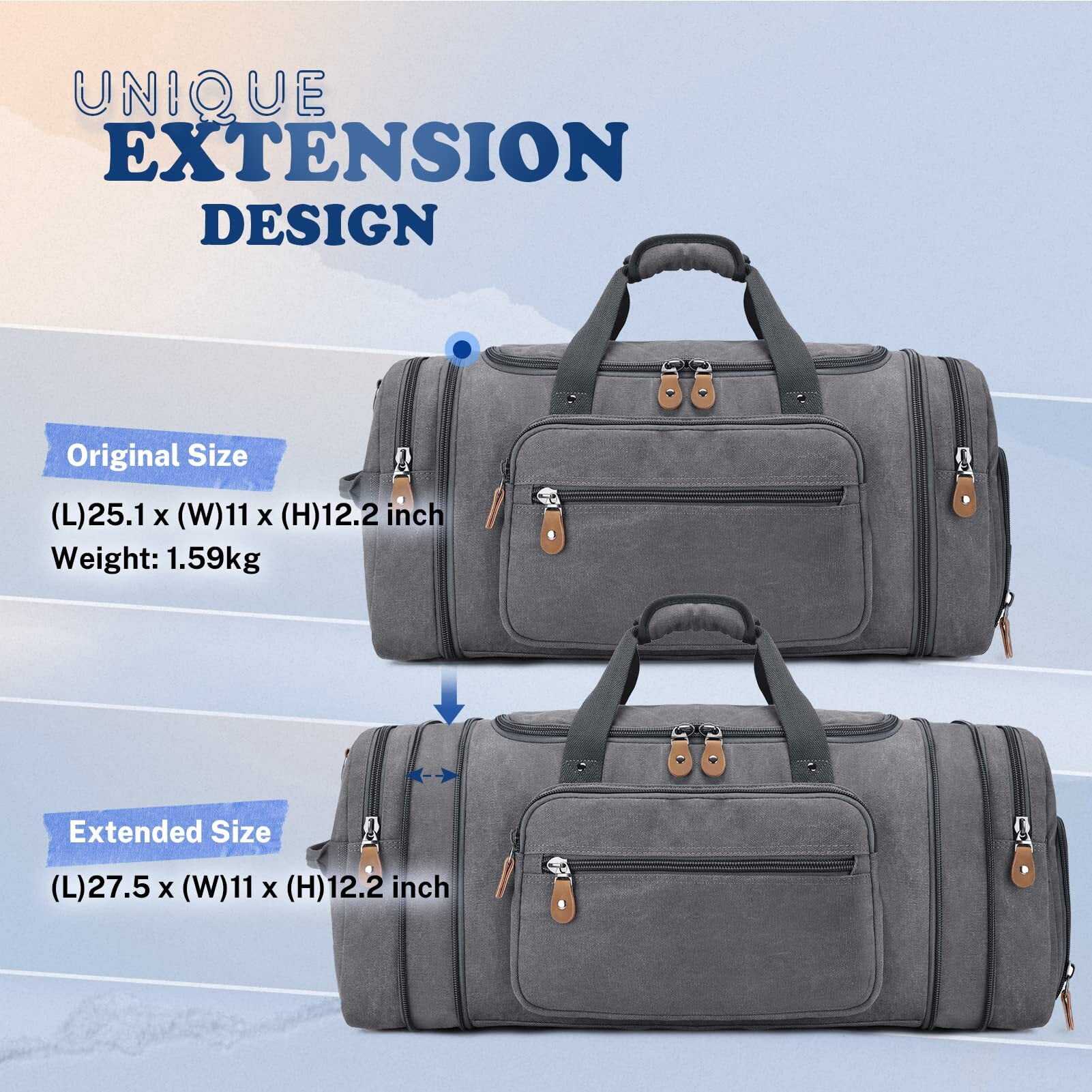 Gonex 60L Canvas Duffel Bags 27" Expandable Travel Duffle Overnight Weekender Bag with Shoe Compartment for Men Women