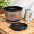 thumbnail image 6 of Planters for Outdoor Plants Imitation Whiskey Barrel Plastic Flower Pot 8.85 Inch, Wood Grain Decorative Planter with Drainage Holes & Matching Saucer for Garden Balcony Indoor Potted Plant Decor, 6 of 7