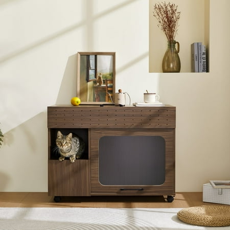 imerelez Multi-Use Cat Litter Box Enclosure - Walnut Particle Board/MDF with Flip-Up Door Roller Base & Ventilated Channel for Cat Owners