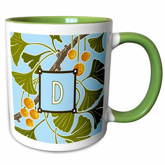 3drose, Initial D- American Arts and Crafts Style Ginkgo Monogram Design, 11oz Two-tone Green Mug