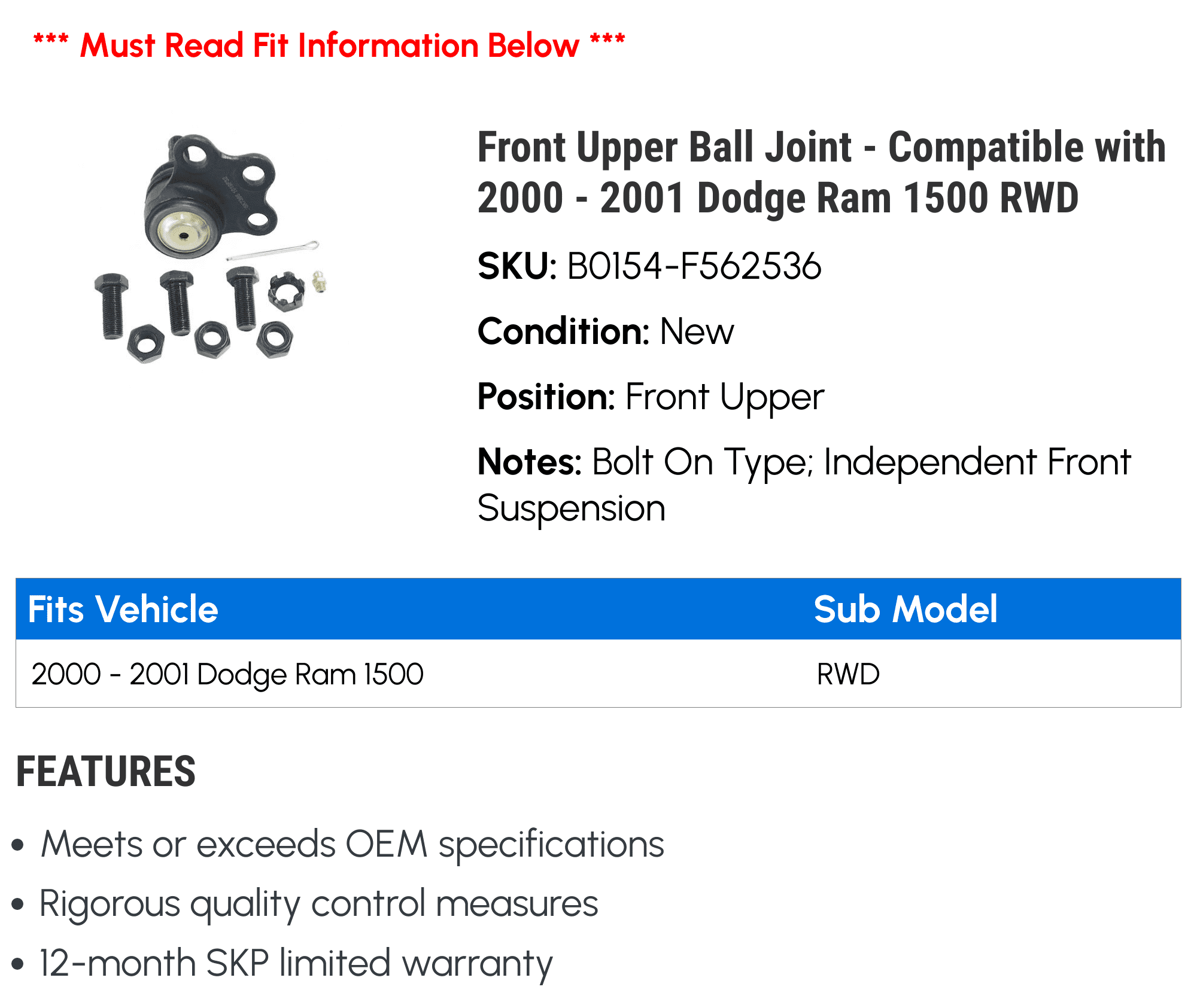 Front Upper Ball Joint - Compatible with 2000 - 2001 Dodge Ram 1500 RWD