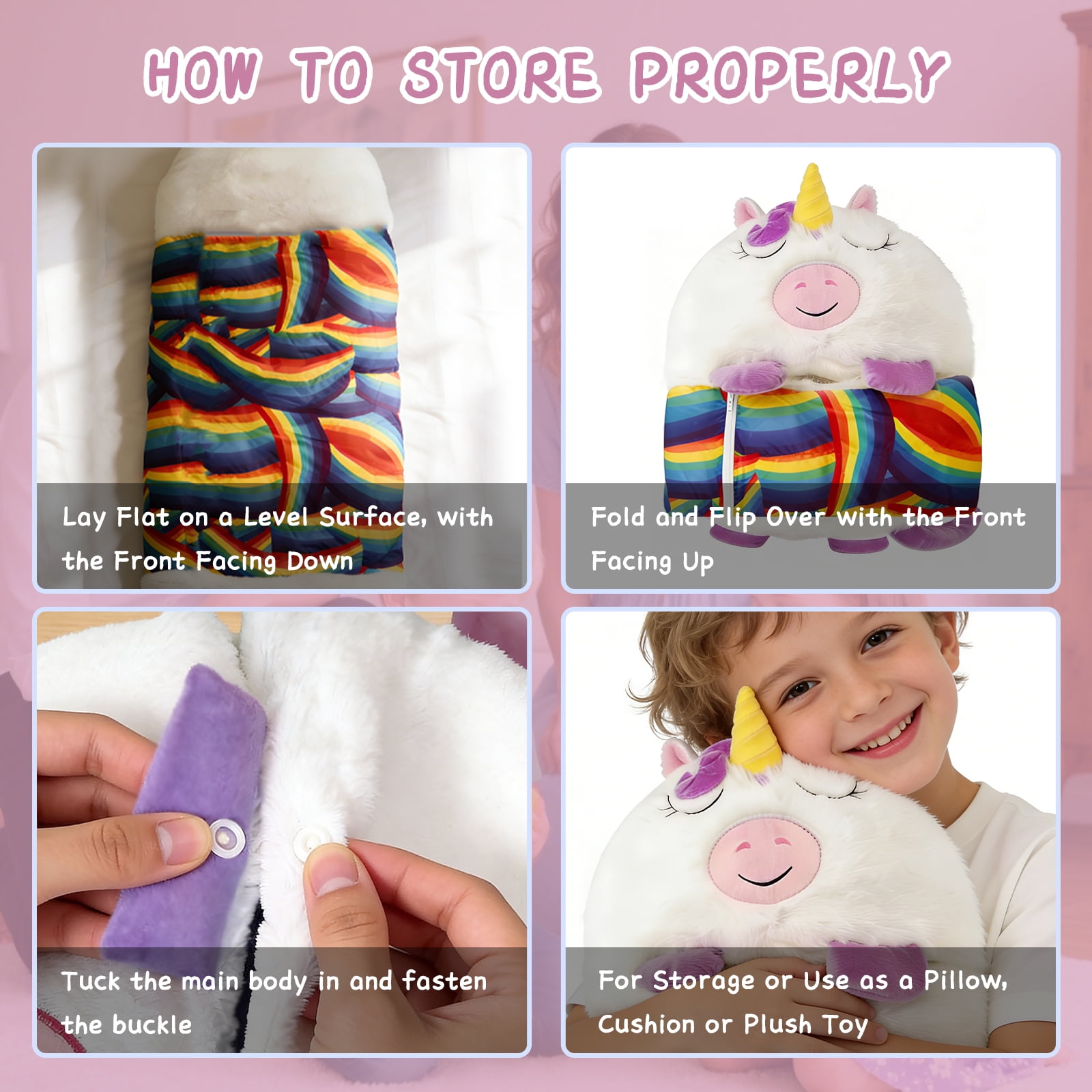 Kids Unicorn Sleeping Bag with Pillow - 2-in-1 Foldable, All Seasons, Soft & Warm (45"x19")-WHITE