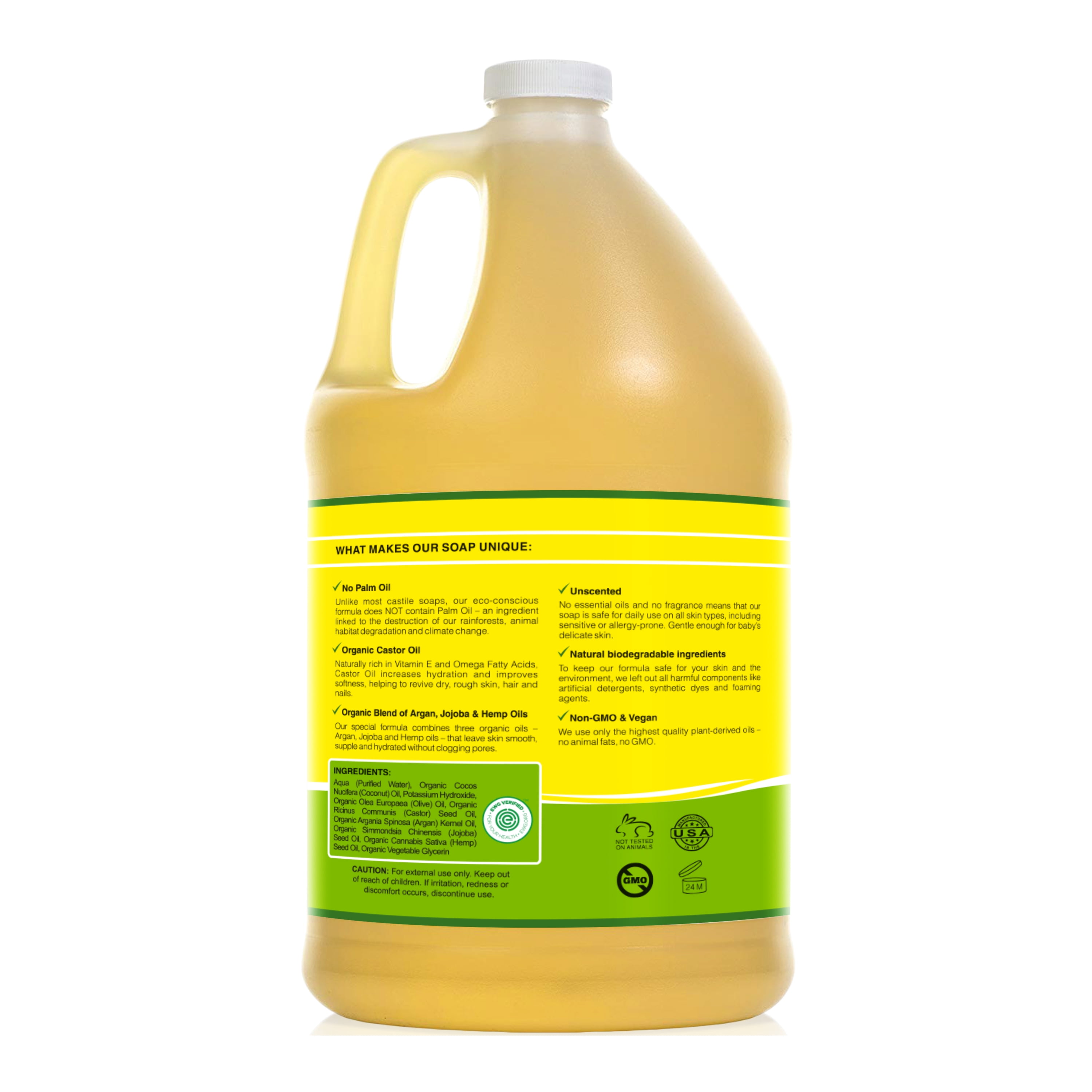 Seven Minerals EWG verified Castile Soap, Unscented, Baby-Safe, No Palm Oil, 64 fl oz