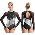thumbnail image 5 of YiZYiF Womens Shiny Rhinestone Ballet Gymnastics Dance Leotard Long Sleeve Figure Skating Dancewear Black&Silver M, 5 of 6