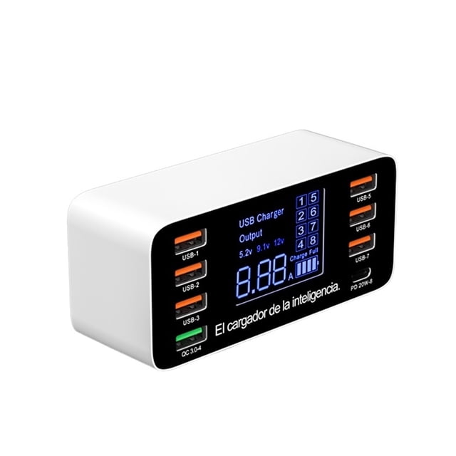 8 Ports Fast Charging USB Charger QC3.0 Quick Charge Type C Smart Charger Station LCD Digital Display USB Multi-port For Phone ,Easy to Use
