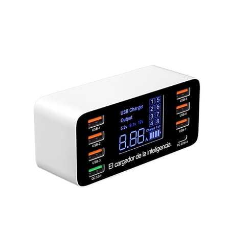 8 Ports Fast Charging USB Charger QC3.0 Quick Charge Type C Smart Charger Station LCD Digital Display USB Multi-port For Phone No More Cable Clutter