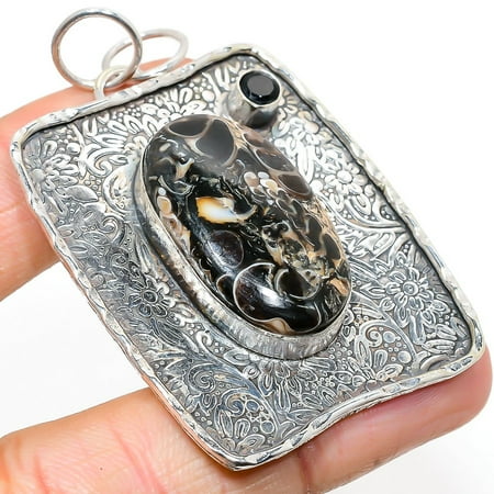 turritella fossil, spinel gemstone 925 sterling silver jewelry pendant 2.44"