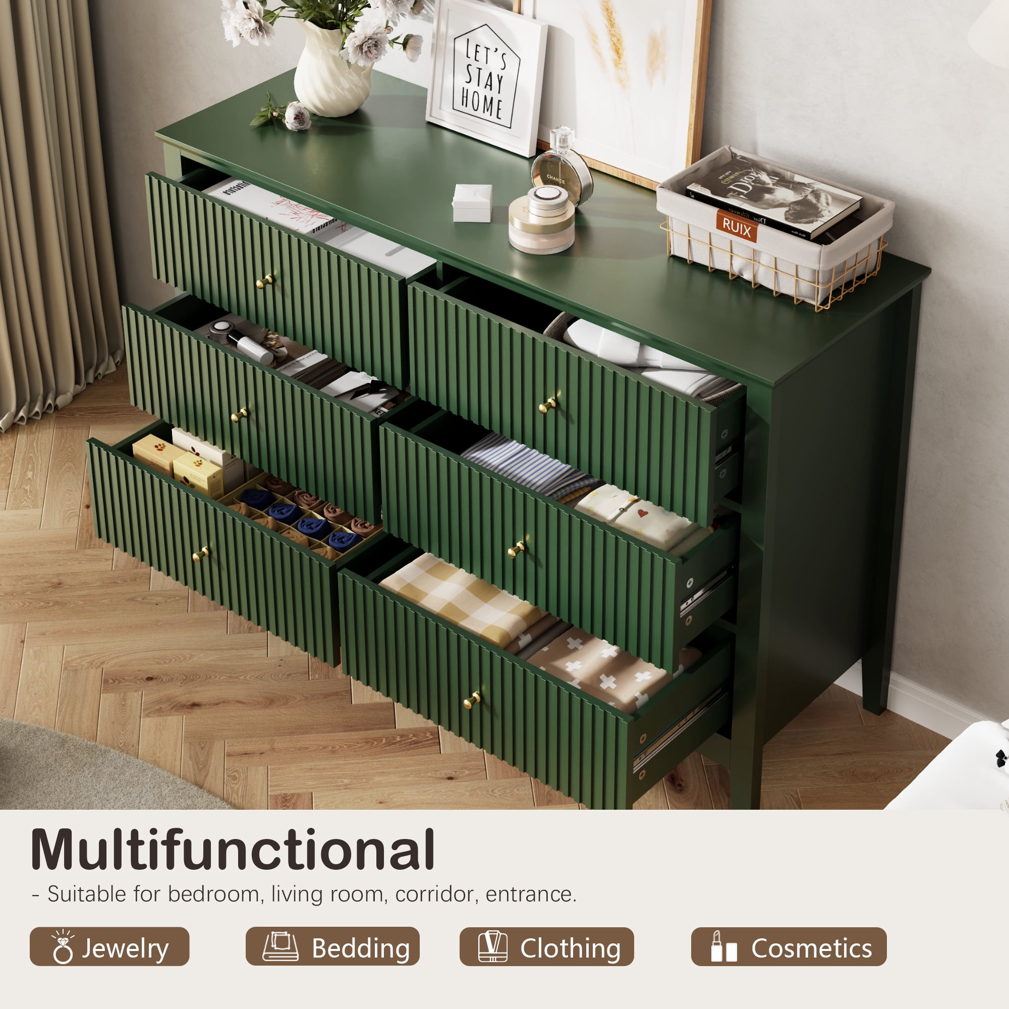 Modern Fluted Chest of Drawers with Storage,6 Drawers Storage Dresser with Paint Design,Wood Drawer Organizer Dressers for Bedroom, Hallway, Entryway,Green