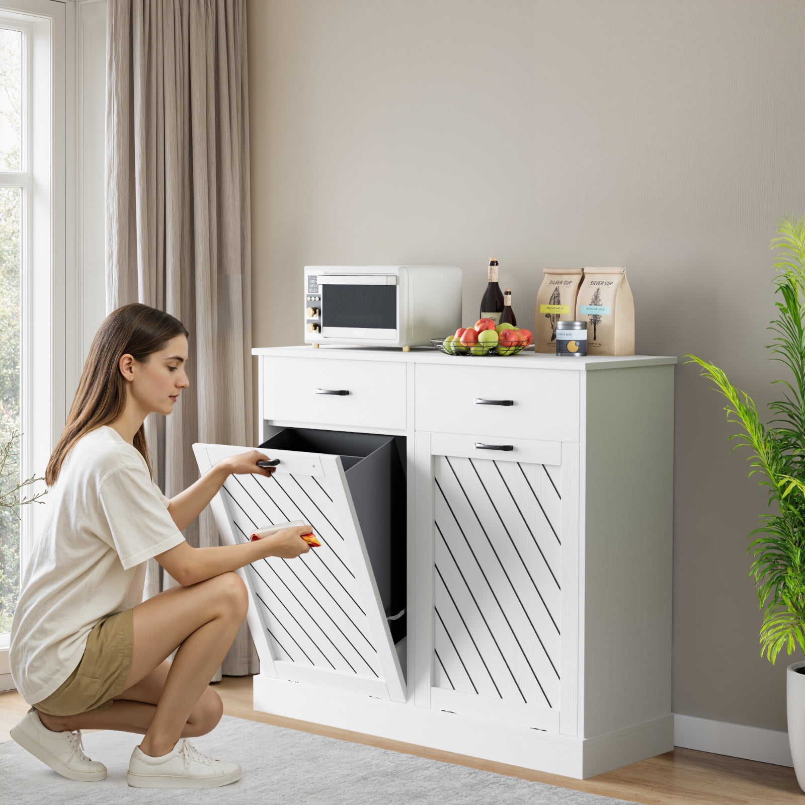 Double Tilt-Out 2x15 Gallons Hidden Garbage Trash Can Cabinet, Hidden Kitchen Trash Cabinet with Storage Drawer, Pet-Proof Wooden Garbage & Recycling Cabinet for Kitchen, Laundry & Living Room, White