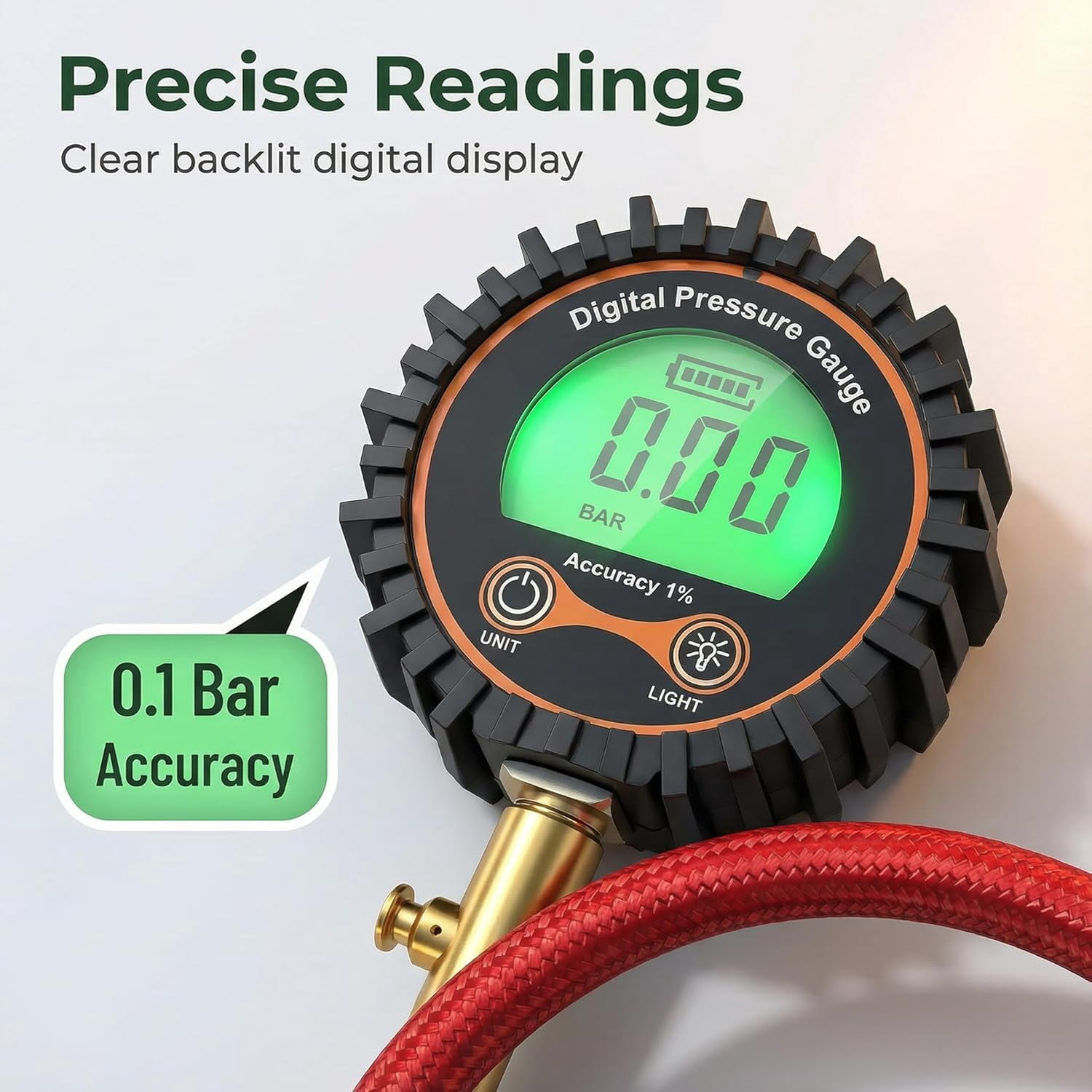 SUVCARMPING 250 PSI Digital Tire Pressure Gauge (±1% Accuracy) - Easy-to-Read Display with Valve Cap & 4-Way Valve Tool, Red