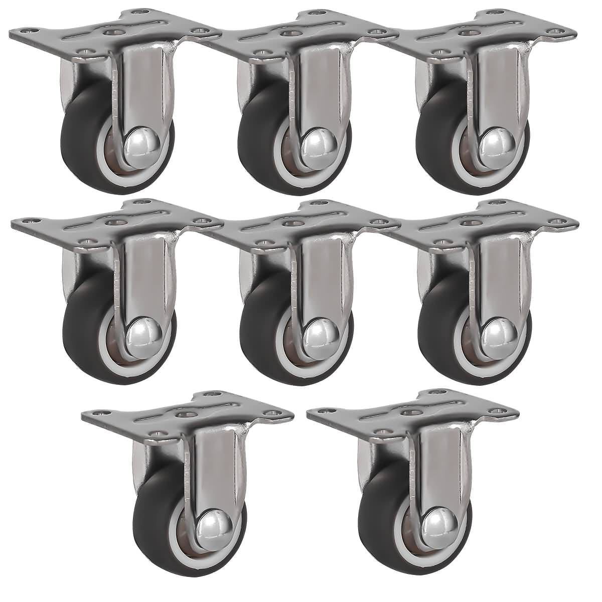 8 Pack 1" Low Profile Rigid Caster Brown Rubber Fixed Caster Wheels