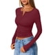thumbnail image 3 of Camisetas de Larga para Mujer, Estilo Henley, Informales, para Otoño Tops Ajustados, Camisetas Básicas de Canalé Rojo Vino M, 3 of 8