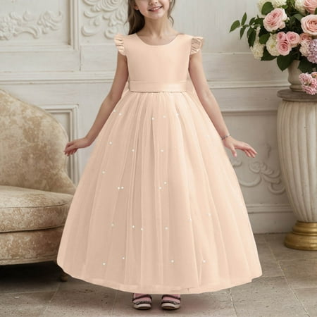 Huowey Girls Youth Birthday Ball Gowns Formal Dresses Elegant Mesh Lace Embroidery Solid Color Ruffles Pleated Crewneck Sleeveless Maxi Dress Fairy Tiered Layered Tutu Dress Beige 10-12 Years