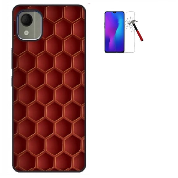 Phone Case for Nokia C110 (N156DL), Flexible TPU Case Gel Cover   Tempered Glass (Dark Red Honeycomb)