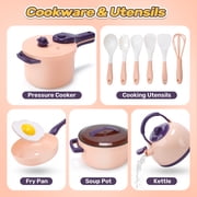 CUTE STONE Kids Kitchen Accessories Toy Pots & Pans Set, Sound Effects Induction Cooktop, Cuttable Play Food, Cooking Utensil, Pink, Ages 3+