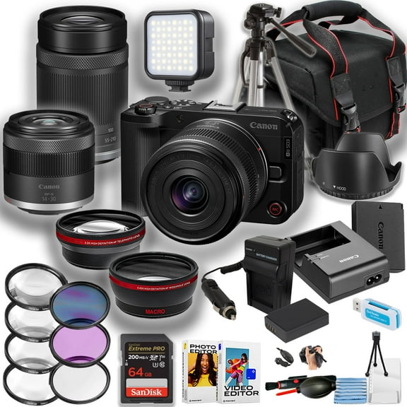 Canon EOS R50V Mirrorless Camera w/14-30mm and 55-210mm Lens   LED Light   Sandisk 64GB Extreme Pro Memory Card   Camera Case   More (22pc Bundle) (International Version)
