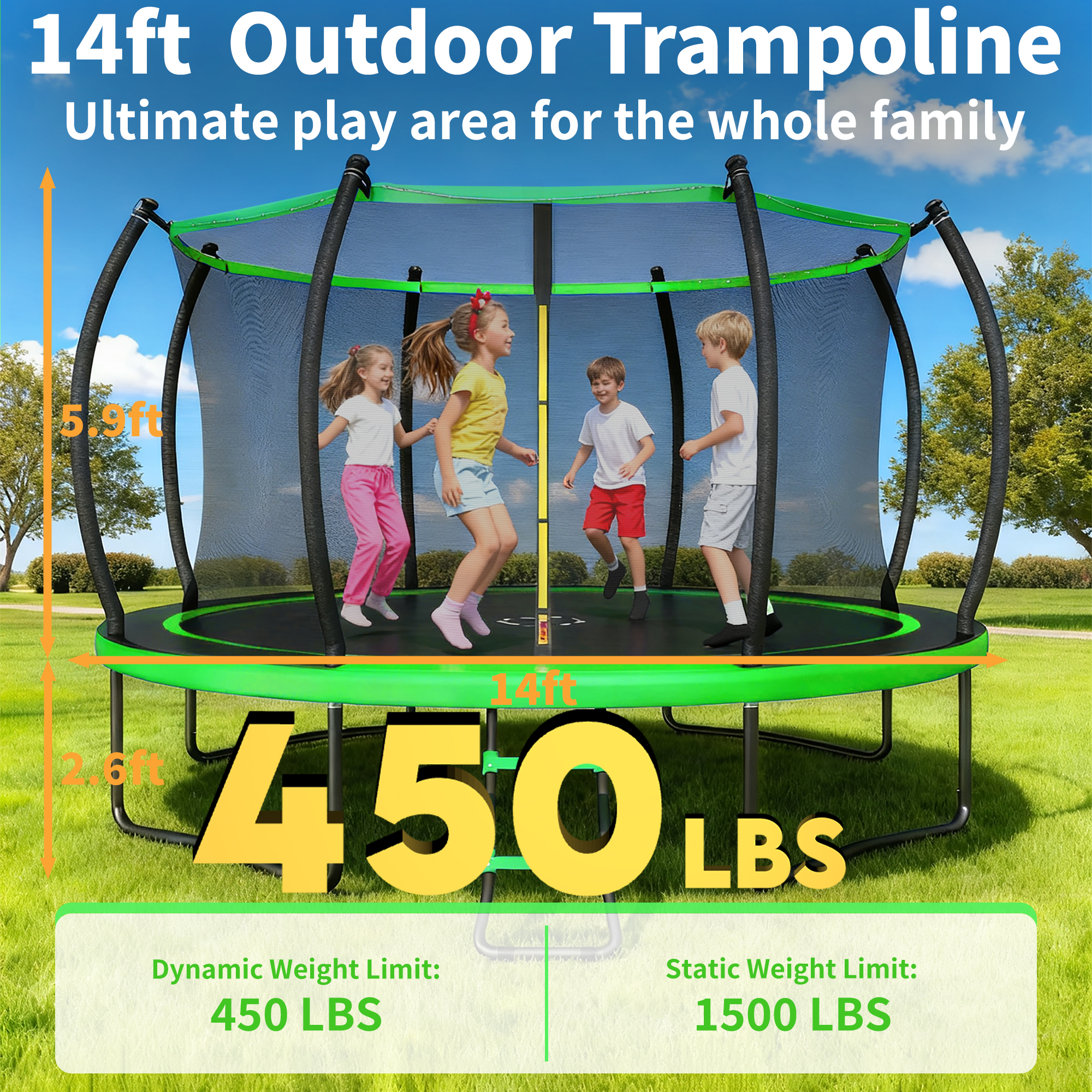 Outdoor Trampoline,Fashionsport Outfitters 10FT/12FT/14FT /16FT Round Trampoline with LED Lights, Recreational Backyard Trampolines Anti-Rust for Kids and Adults with Net and Ladder
