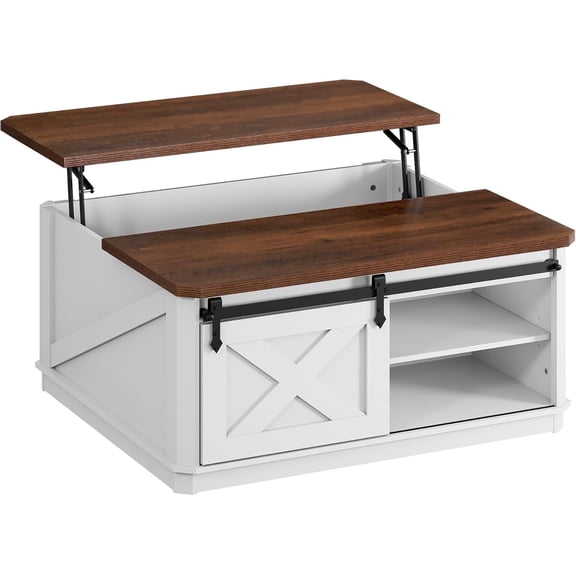 GALAXHERO Lift Top Coffee Table for Living Room 35.5" Framhouse Coffee Table with Storage, Square Center Table Rustic Cocktail Table with Sliding Barn Doors, Curevd Base White