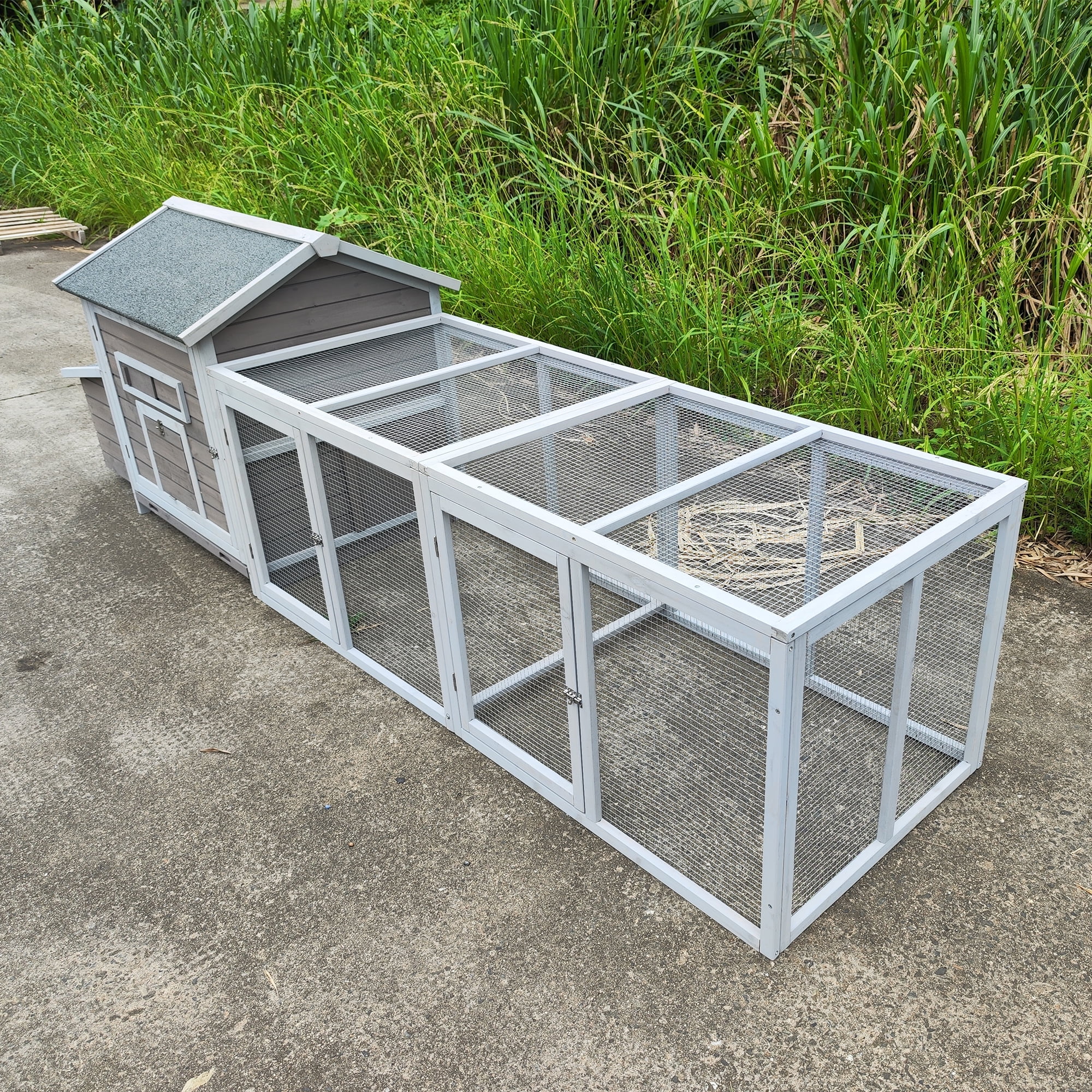 Pefilos 118" Chicken Coop for Outdoor with Ramp, Wood Hen House with Free-range Doors, Nesting Box, Leakproof Pull-on Tray, Large Bunny Poultry Cage, Gray