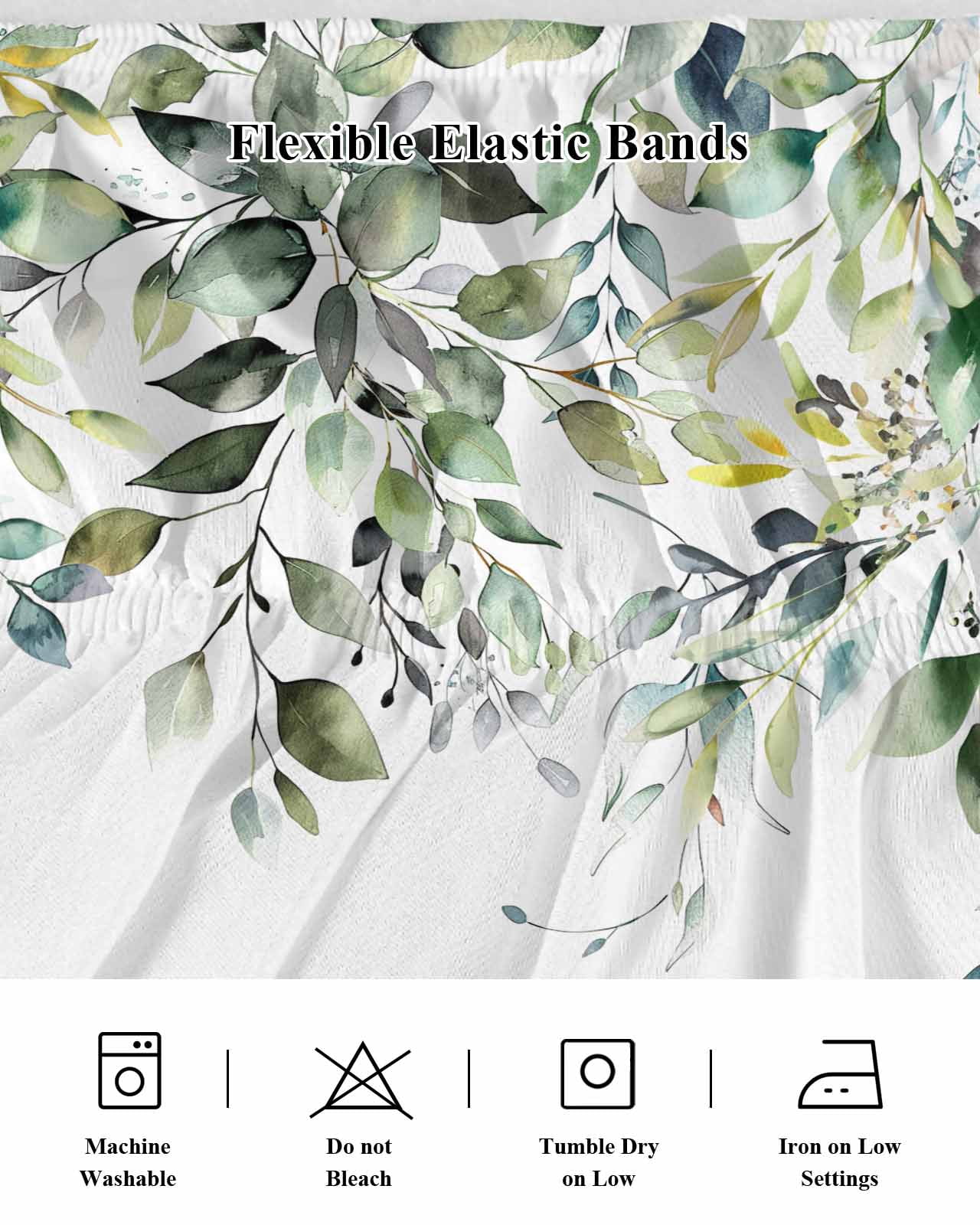 Pastoral Floral Plant Bed Skirt Sage Green Eucalyptus Leaves White Bed Skirts Queen Size 18 Inch Drop, Wrap Around Dust Ruffle&nbsp;Bedskirt with Adjustable Elastic Belt for Queen Size Beds