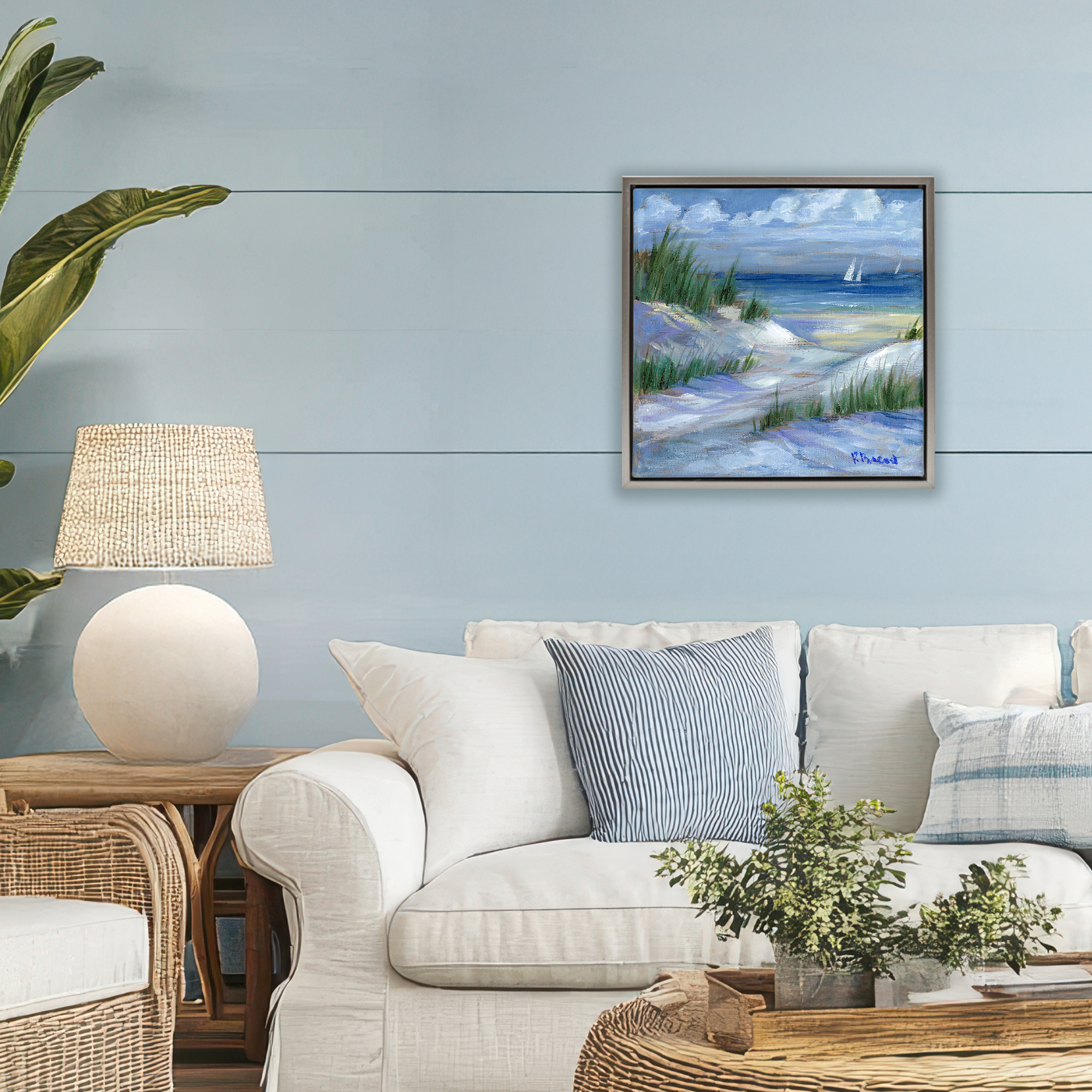 Stupell Industries Crooked Island Dunes & Sailboats Gray Framed Floater Canvas Wall Art, design by Paul Brent