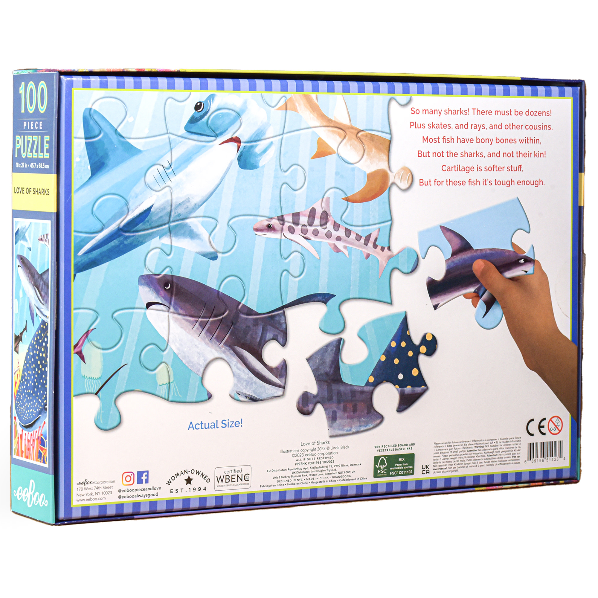 eeBoo Love of Sharks 100 Piece Puzzle with Poster for Kids, 27" x 18" once completed, 5 Years and Up.