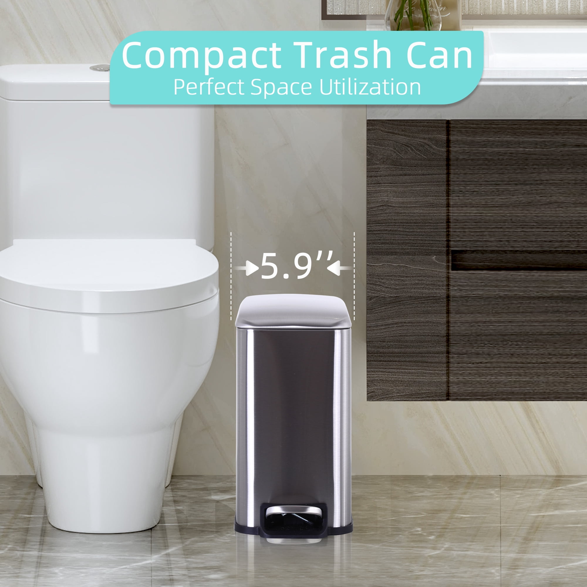 CL.HPAHKL Small Bathroom Trash Can with Soft Close Lid, 1.3 Gallon Stainless Steel Garbage Can with Removable Inner Bucket, Foot Pedal, Mini Trash Bin for Toilet, Home Office (Silver)