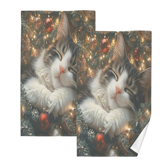 joogoo 2 PCs Hand Towels Sets Dream Cat Christmas Cotton Face Towel Bathroom Decorative
