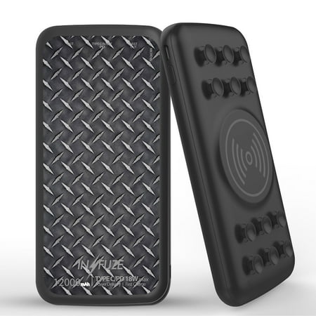 

INFUZE Qi Wireless Portable Charger for Samsung Galaxy A52 5G External Battery (12000 mAh 18W Power Delivery USB-C/USB-A 3.0 Ports Suction Cups) with Touch Tool - Diamond Plate Print