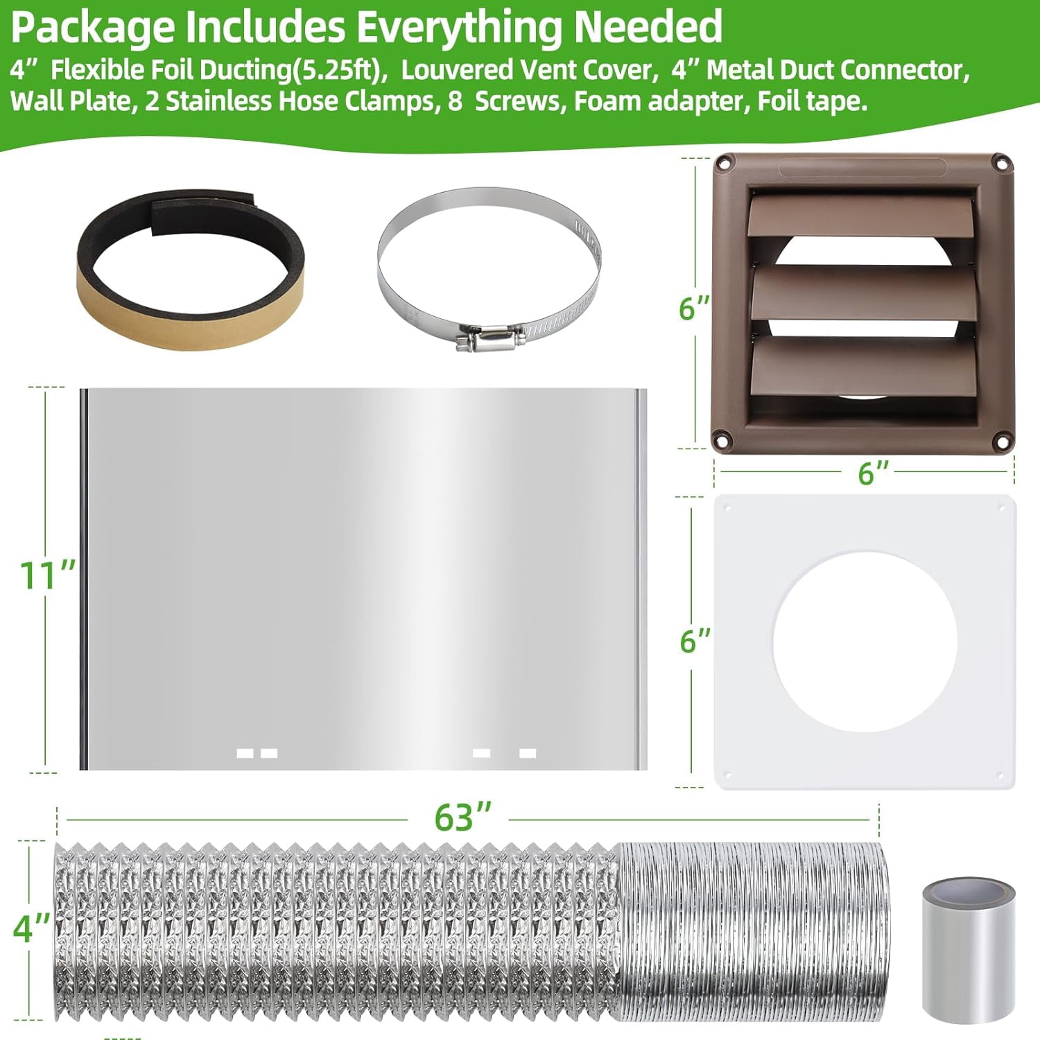 Dryer Vent Kit with Hose/Duct Connector/Wall Plate,4Inch Dryer Wall Vent HoseConnector Wall Duct Kit for Bathroom Ventilation Fan Exhaust,Ceiling Washer Air Circulation,Brown Louvered Dryer Vent Hood