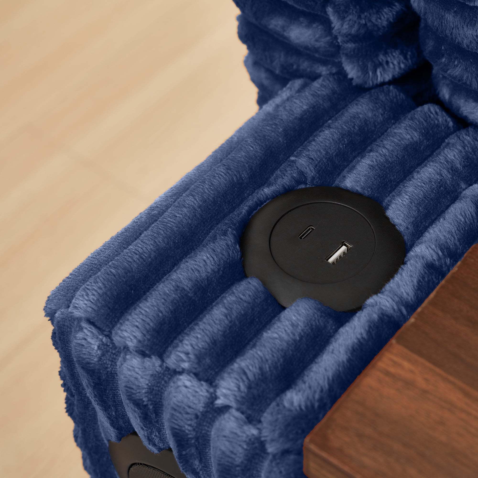 Aukfa Corduroy Chaise Lounge Chair with Ottoman, Hidden Rotating Table, Storage Armrest with Cup Holder, USB Port & Bluetooth Speaker, Blue