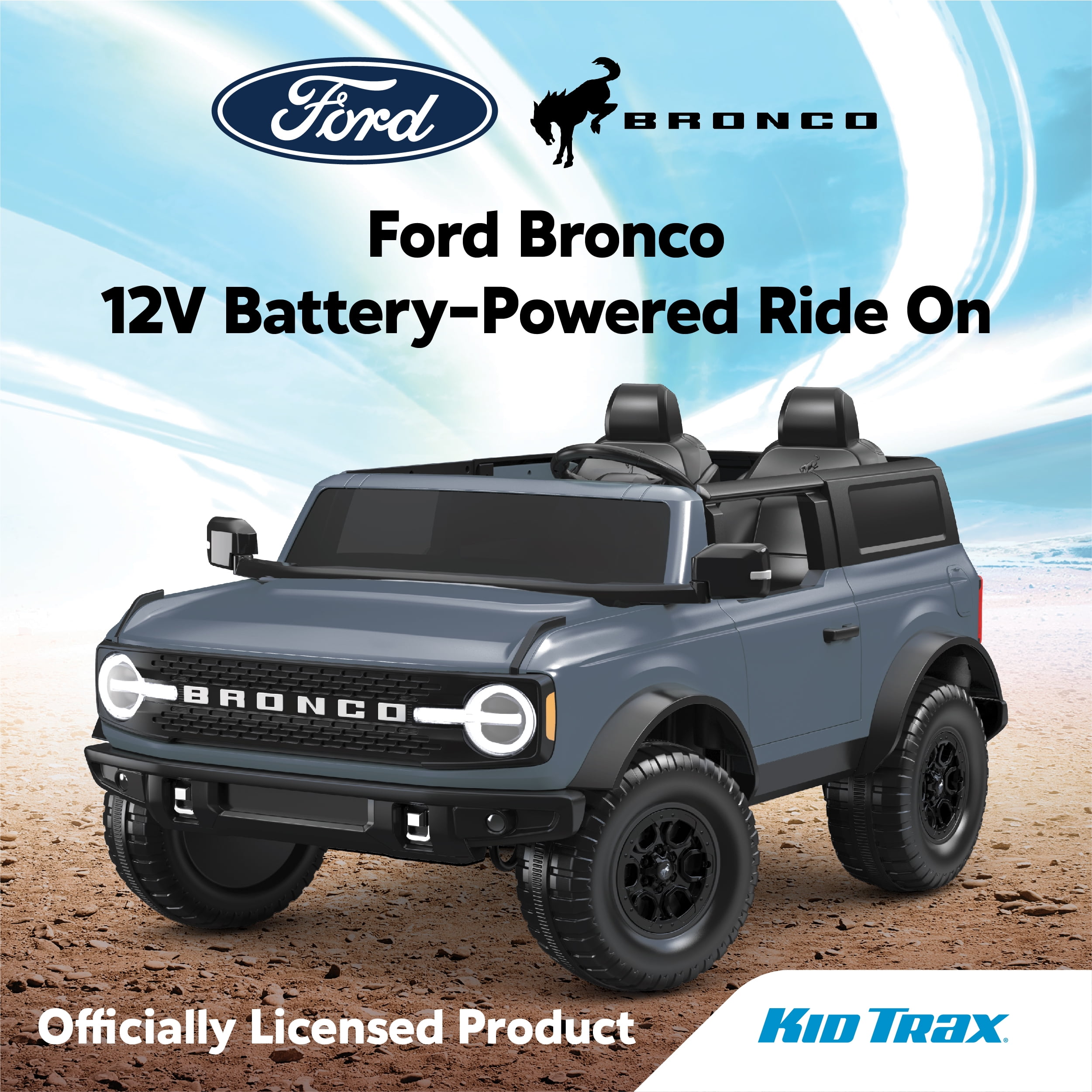 Kid Trax 12V Ford Bronco Ride-On Toy for Ages 3-7, Battery Powered, LED Headlights, FM Radio, MP3, Horn, 2-Seater, Max Weight 130 lb, 2 Speeds, Electric Car for Kids, Kids Ride on Toys, No Remote
