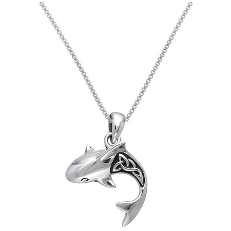 - Sterling Silver Shark with Celtic Knotwork Pendant on 18 Inch Box Chain Necklace