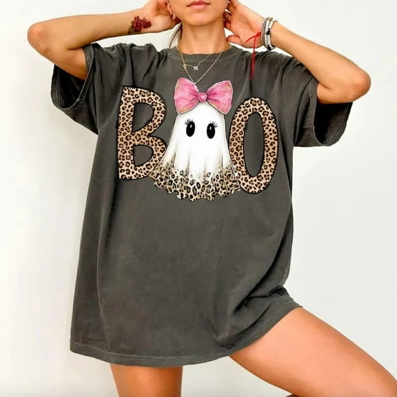 Comfort Colors 1717 BOO Leopard Print Ghost Halloween Graphic T-Shirt Unisex - Gift for Halloween