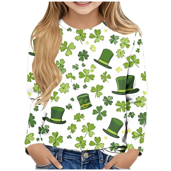 Auroural Girls Shirts Long Sleeve 8-10 Children's St. Patrick Print Long Sleeved Round Neck Top Casual Pullover Base Shirt Beige