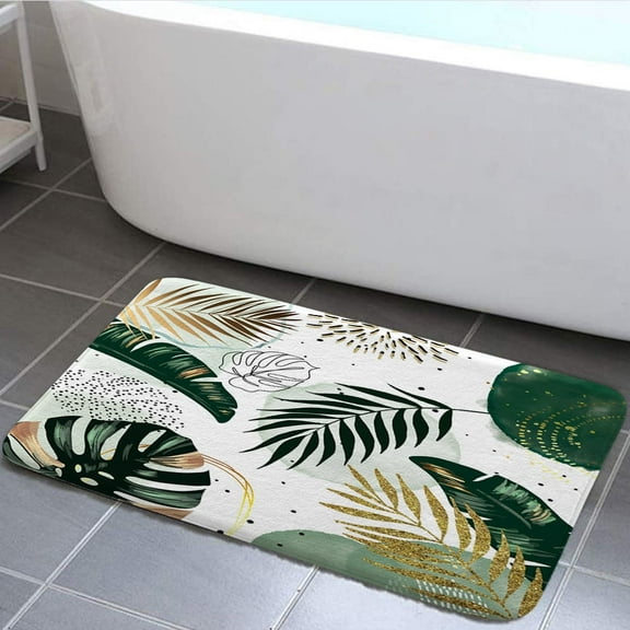 Green Chic Abstract Bathroom Rug Flannel Bath Mat, Boho Green Gold Leaves Tropical Minimalist Kitchen Shower Mat, Modern Contemporary Mid Century Bedroom Door Mat,17X29in