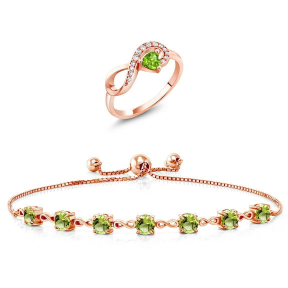 Gem Stone King 18K Rose Gold Plated Silver Green Peridot Ring and Bracelet Jewelry Set for Women | 3.62 Cttw | Gemstone August Birthstone | Heart Shape 4MM | Round 4.5MM | Size 9
