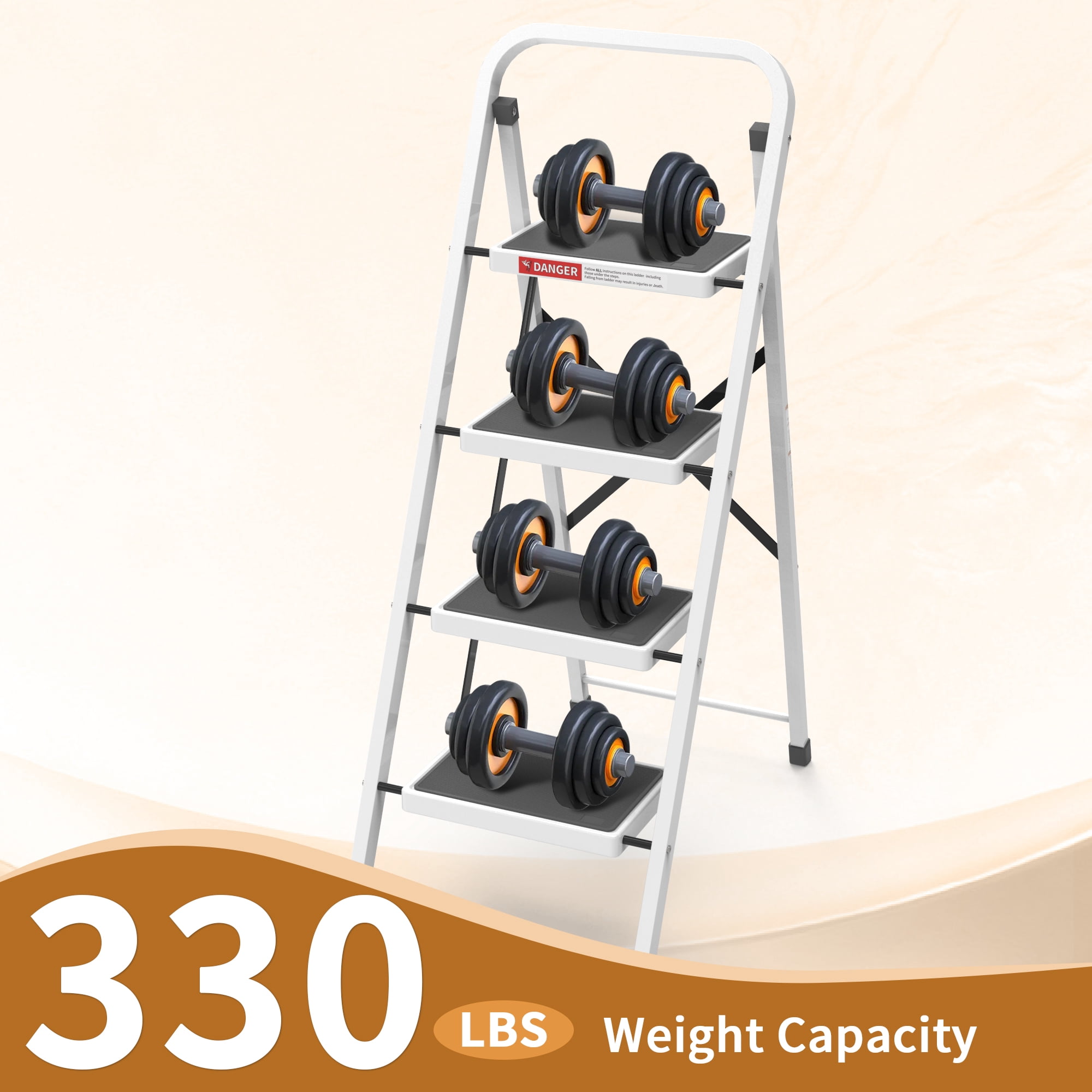 LevLad 4 Step Ladder with Safety Lock, Non-Skid Wide Steps,Household Folding Ladder for Home, Garden, Painting, Outdoor, Garage, White
