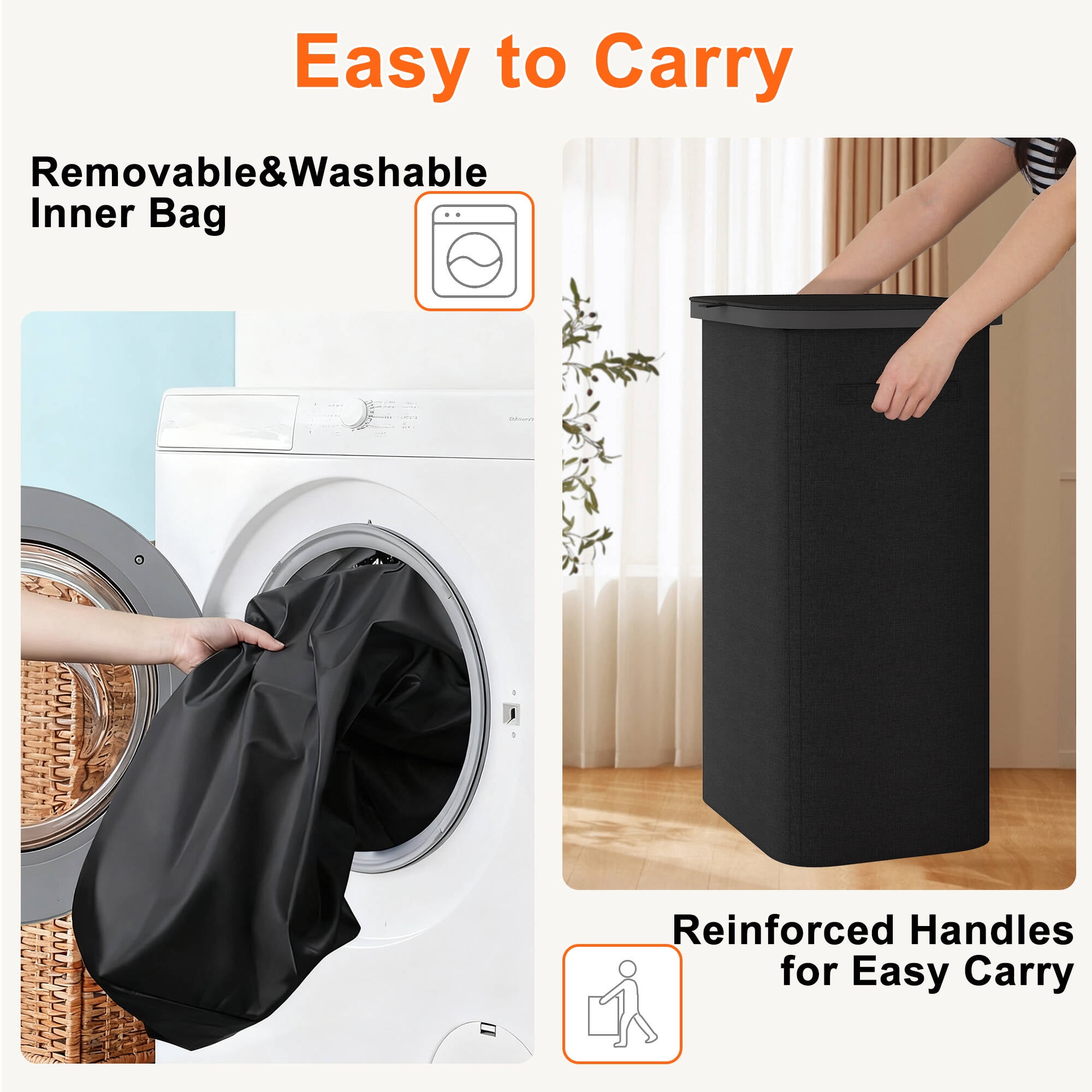 BGTREND 2PCS Slim Laundry Hamper with Lid 110L Foldable Clothes Basket with Removable Mesh Bag & Handle for Closet Bathroom Bedroom (Black)