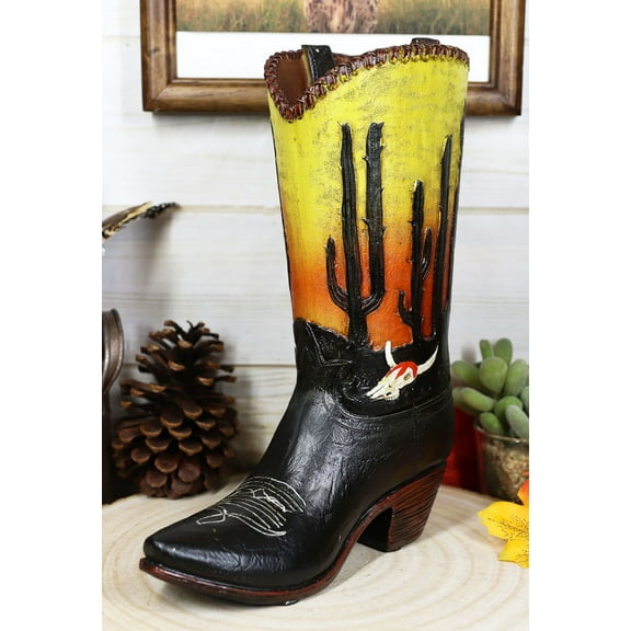 Western Desert Sunrise Dawn Cactus And Cow Skull Cowboy Boot Vase Sculpture