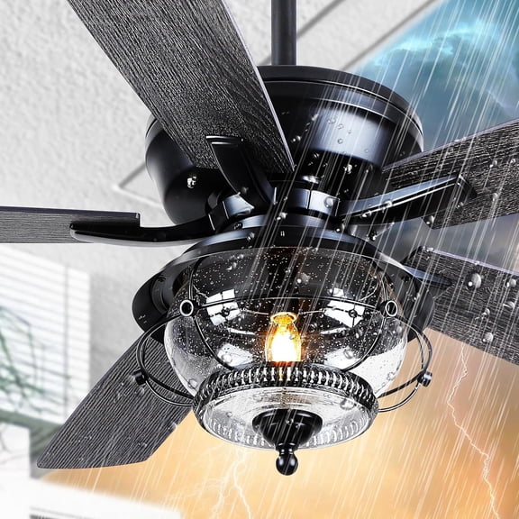 Phorus 52" Outdoor Ceiling Fan with Light – Wet Rated Waterproof, Rain-Proof, 6-Speed Reversible Motor, Remote Control, Black Modern Fan for Patio, Gazebo, Pergola, Porch