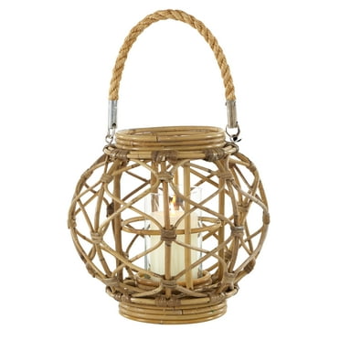 Decmode Round Brown Woven Rattan Lantern with Burlap Jute Rope Handle and Glass Insert, 13” x 10.5”