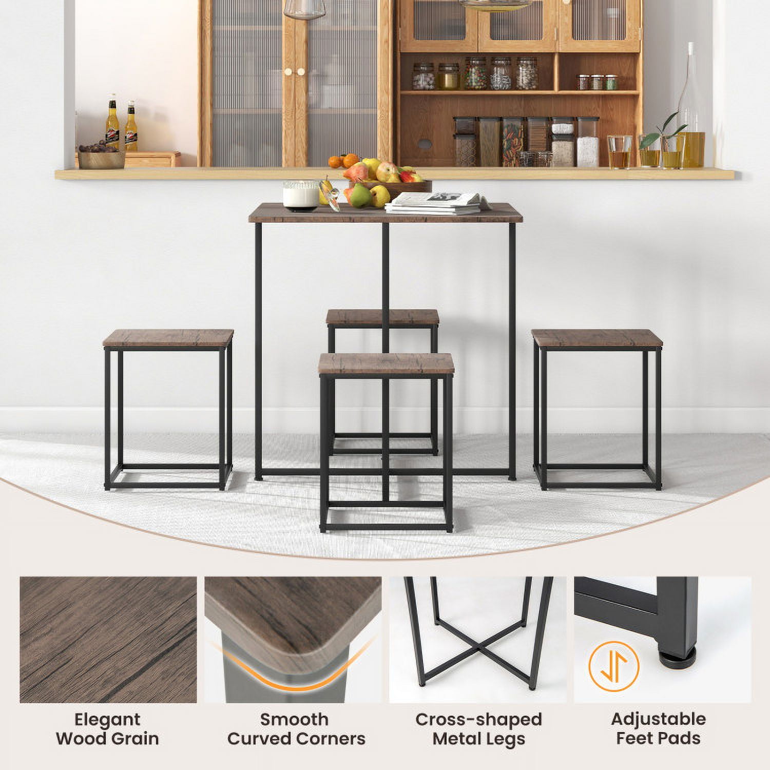Finihen Dining Set, Dining Table Set, 5 Piece Dining Table Set with 4 Stools, for Home, Restaurant, Gray