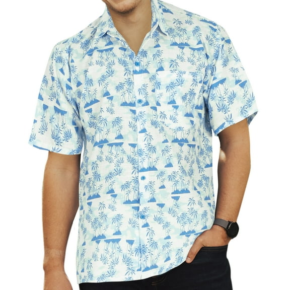 LA LEELA Men's Hawaiian Funny Cotton Linen Effect Short Sleeve Shirt Cuban Beach Button Down Shirt Men M Dodger, Palm Tree