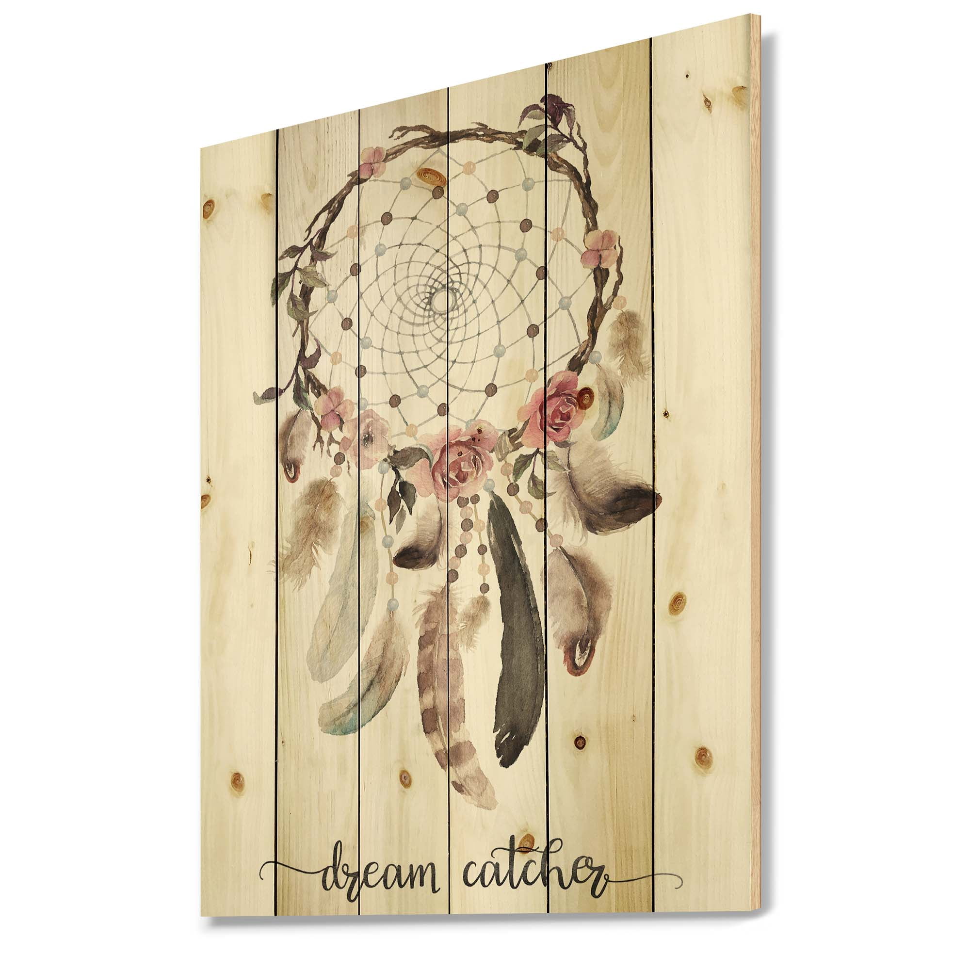 Designart 'Dream Catcher Made With Ethnic Feathers' Bohemian & Eclectic Print on Natural Pine Wood