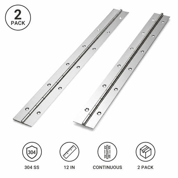 304 Stainless Steel Piano Hinges, 2-Pack, 12-Inch Continuous Hinges, 1.2in Wide 0.9mm Thick